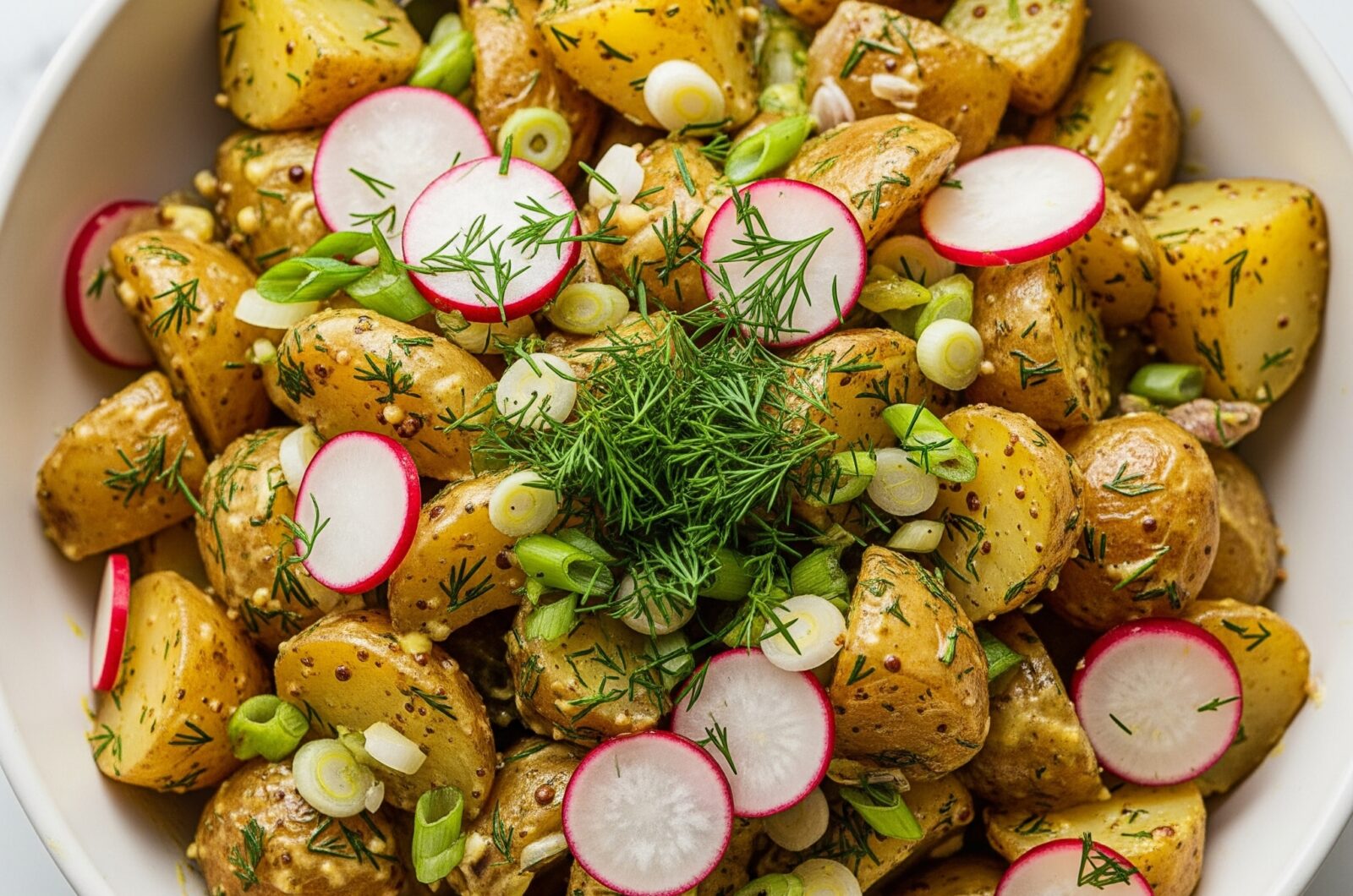 Lun kartoffelsalat med dijondressing, forårsløg og radiser