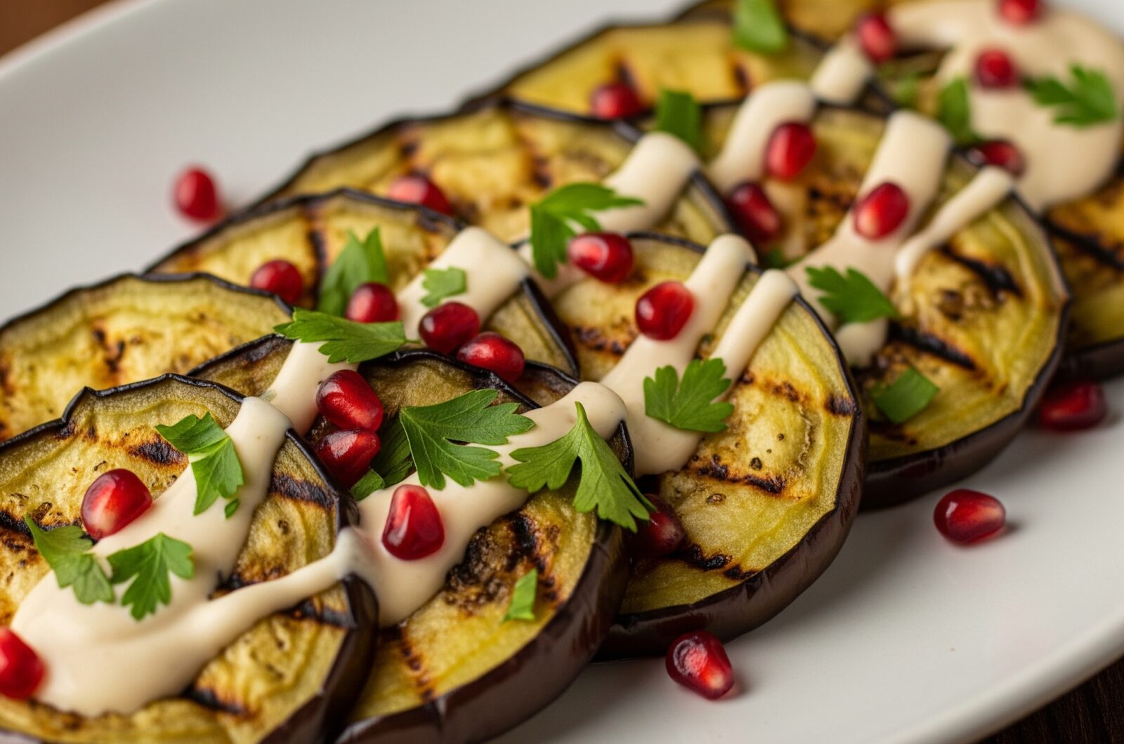 Grillede aubergineskiver med tahindressing og granatæblekerner