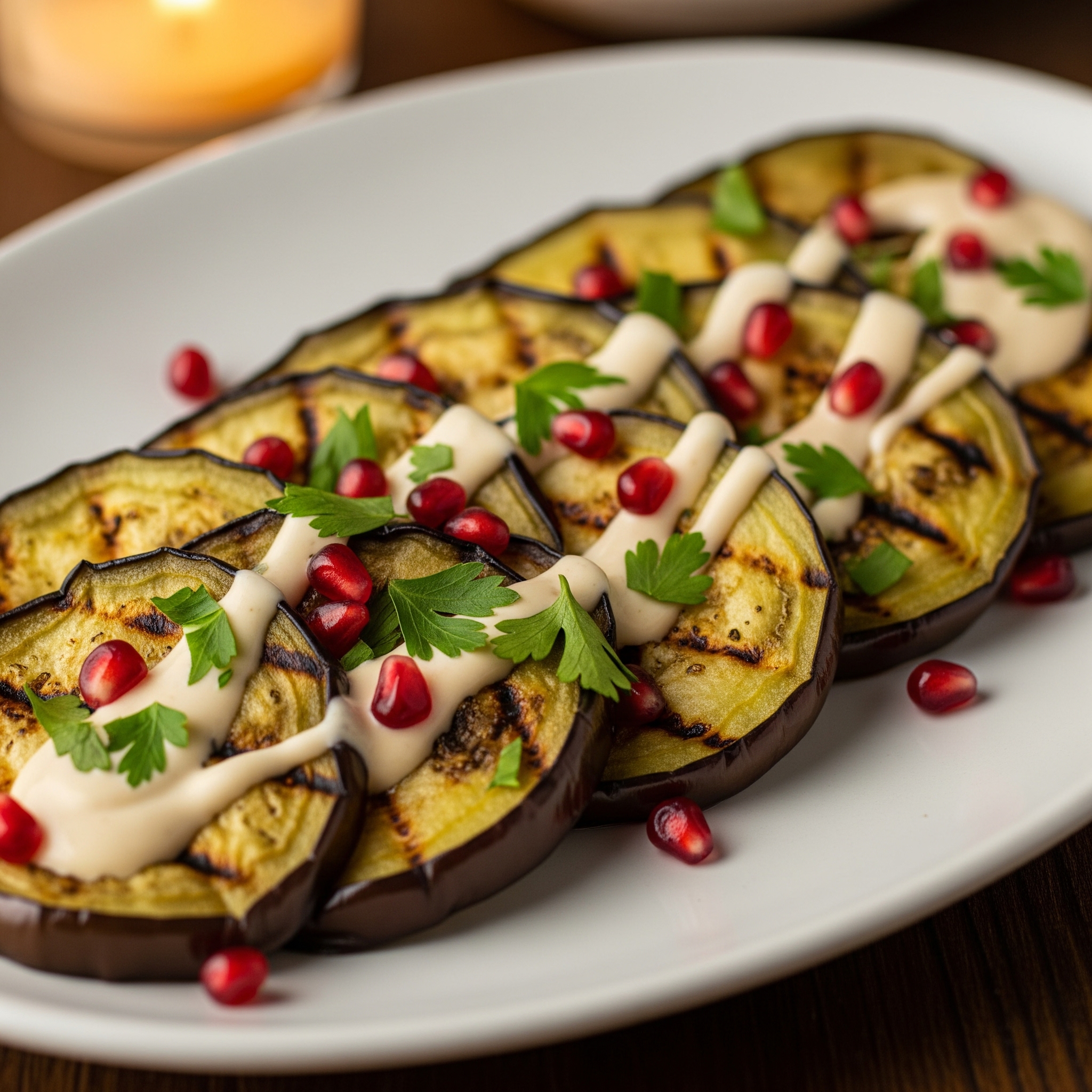 Grillede aubergineskiver med tahindressing og granatæblekerner