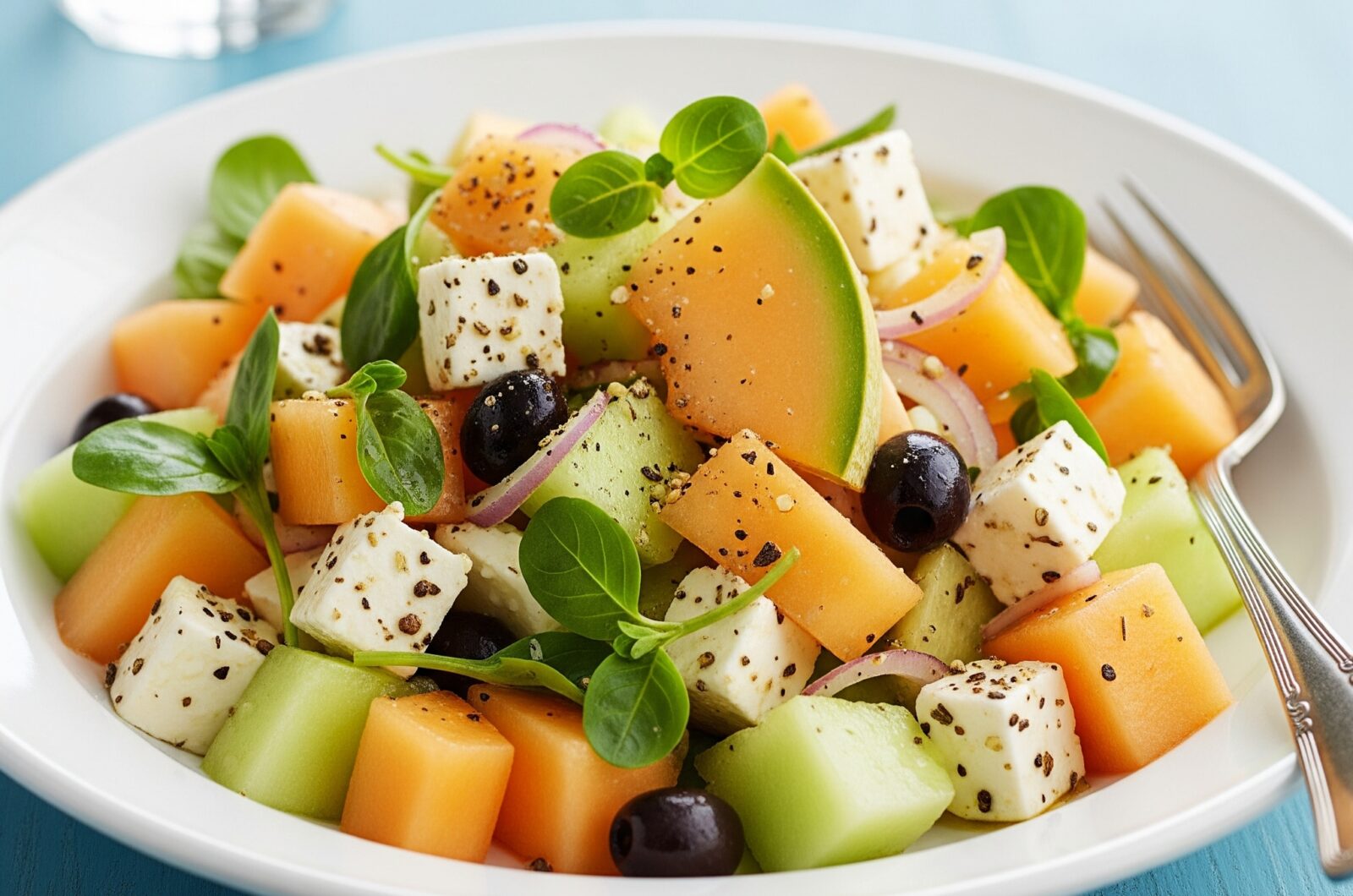 Melonsalat med feta, oliven og ristede pinjekerner