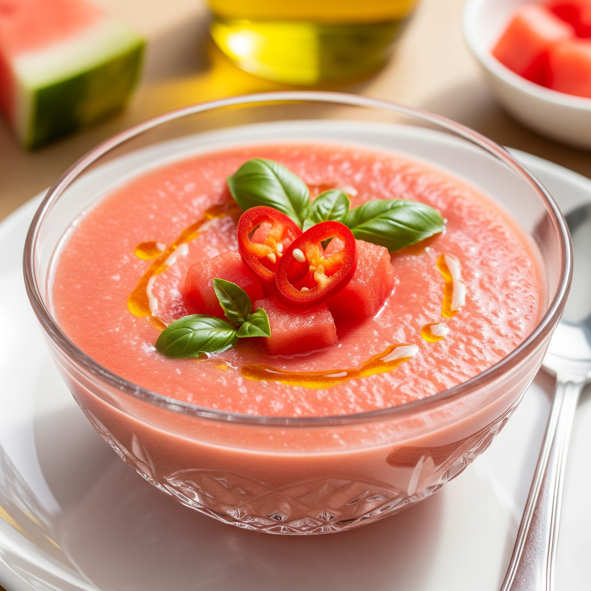 Vandmelon-gazpacho med tomat og chili