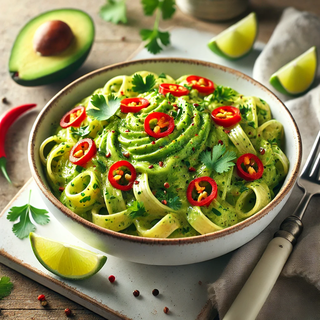 Cremet avocado-pasta med chili og lime
