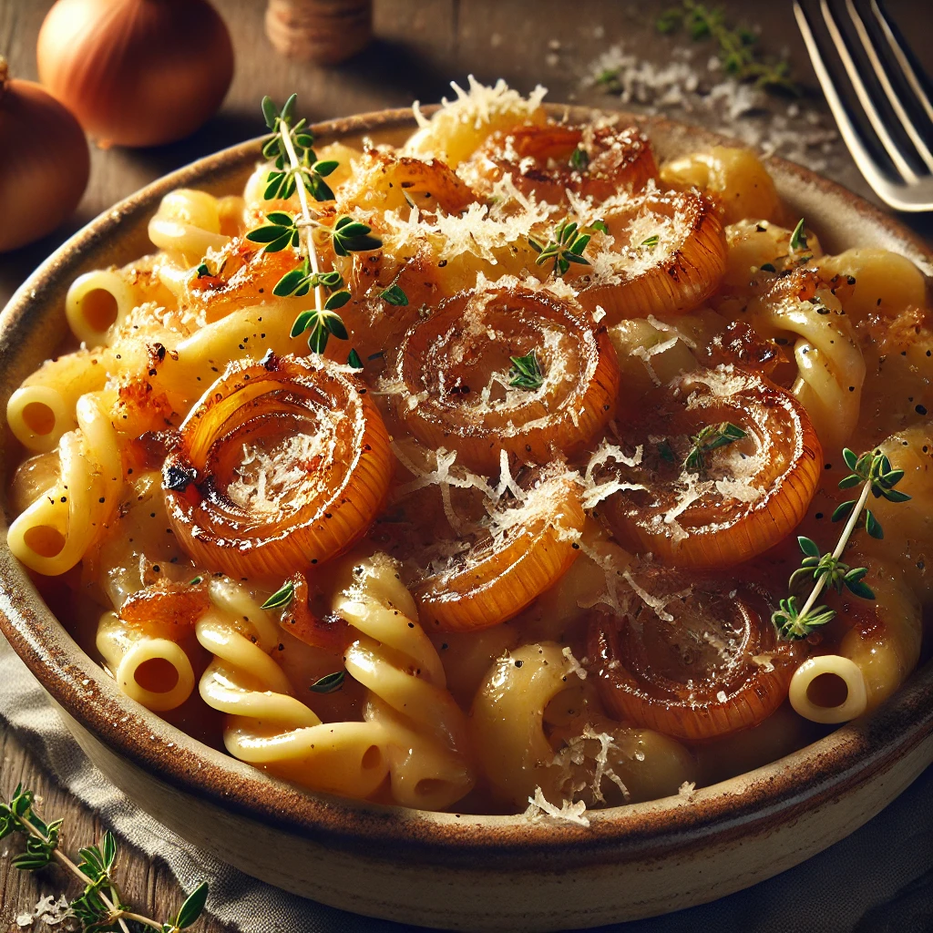 Fransk løg-pasta med karamelliserede løg og timian