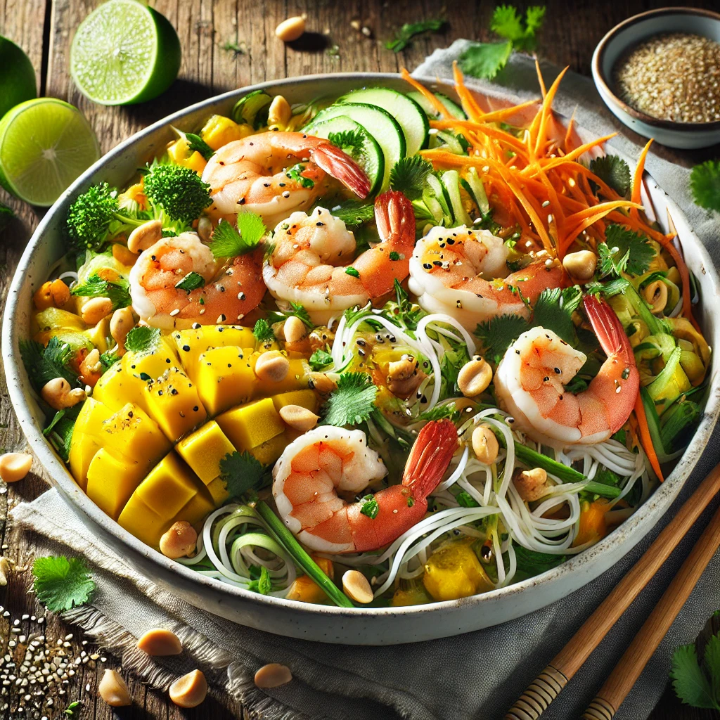 Risnudelsalat med mango, rejer og peanuts