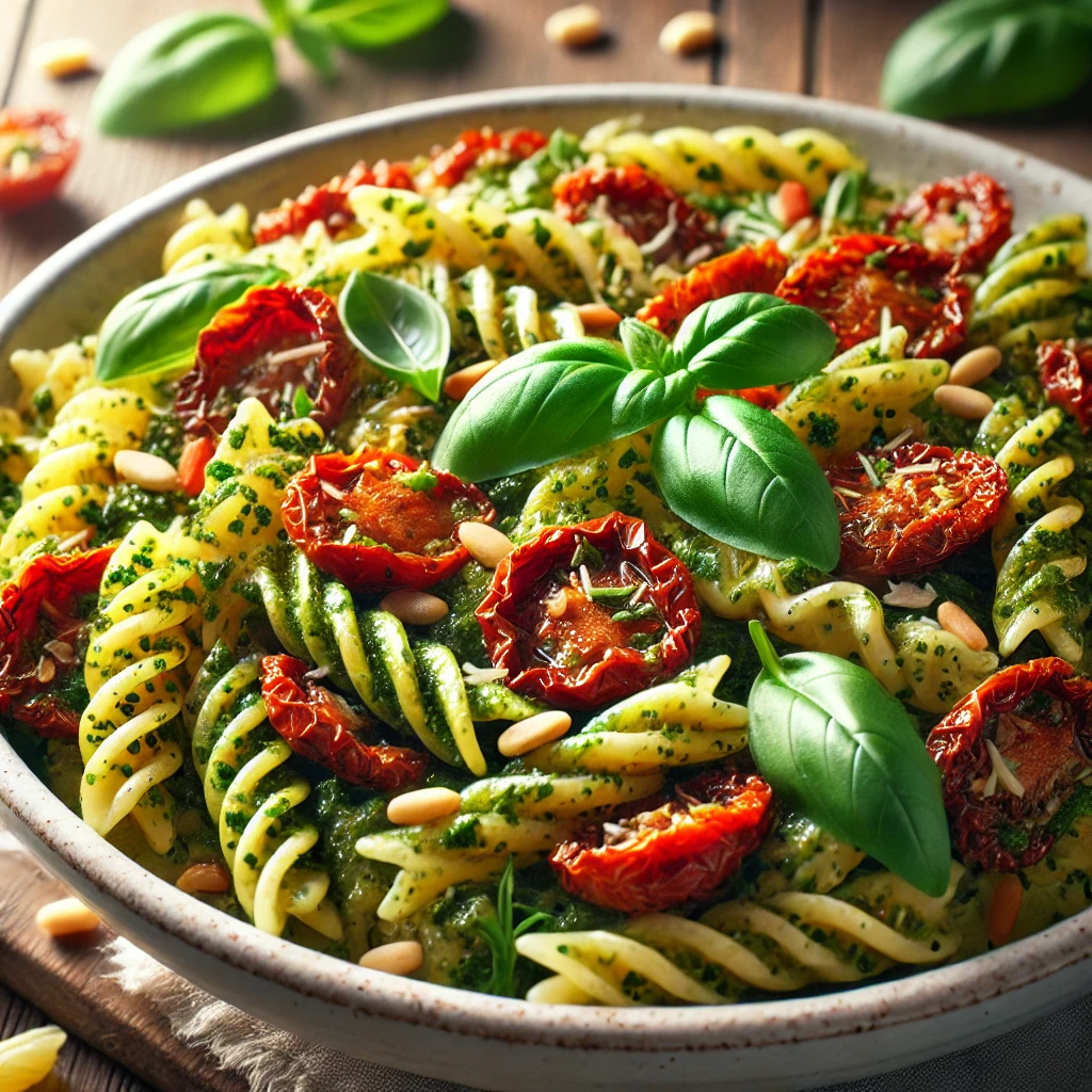 Pastasalat med pesto og soltørrede tomater