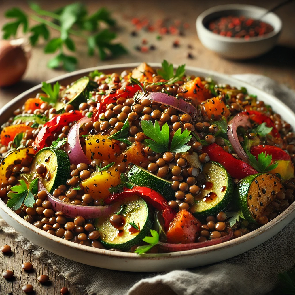 Linsesalat med bagte grøntsager og balsamico