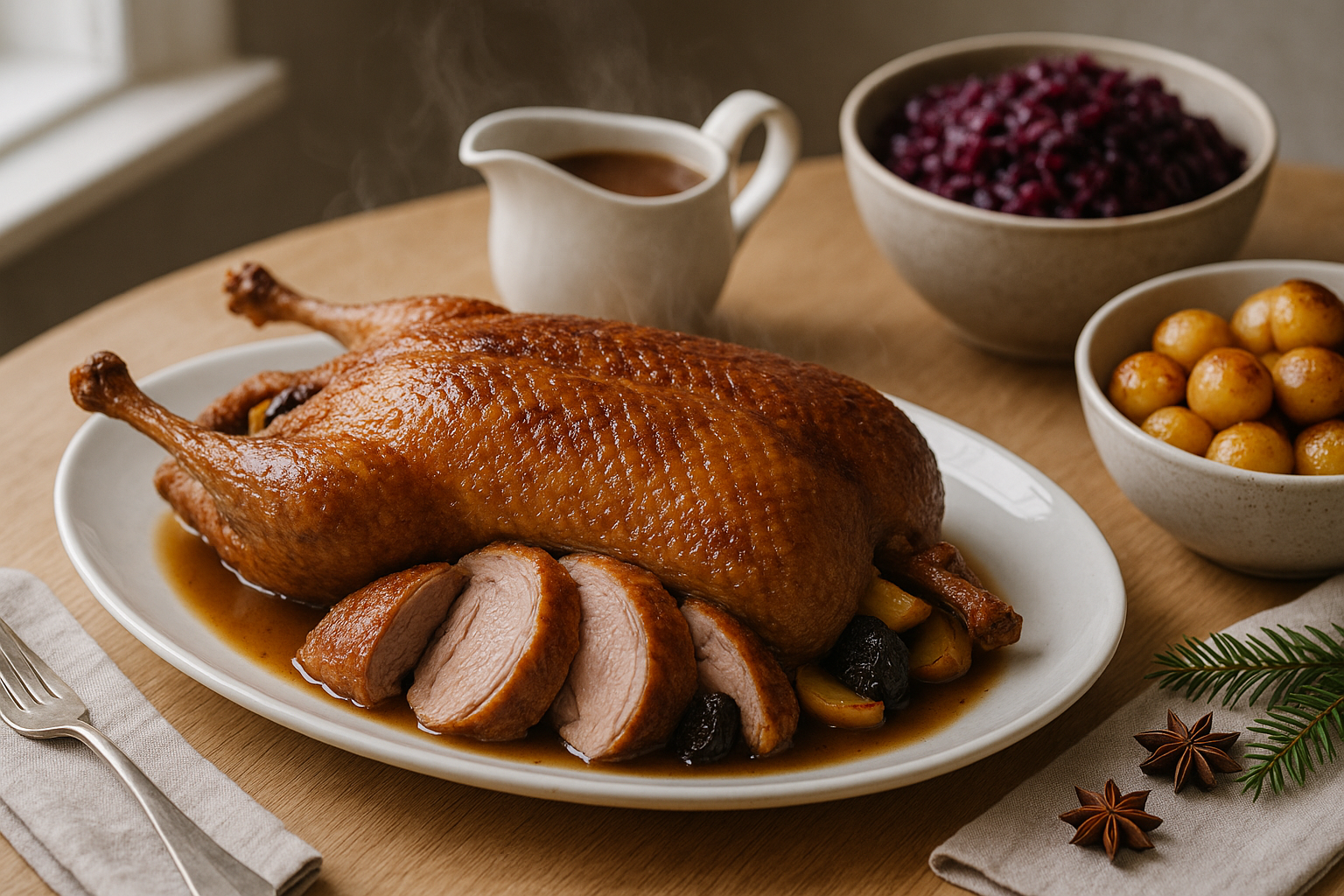 Andesteg med æbler og svesker