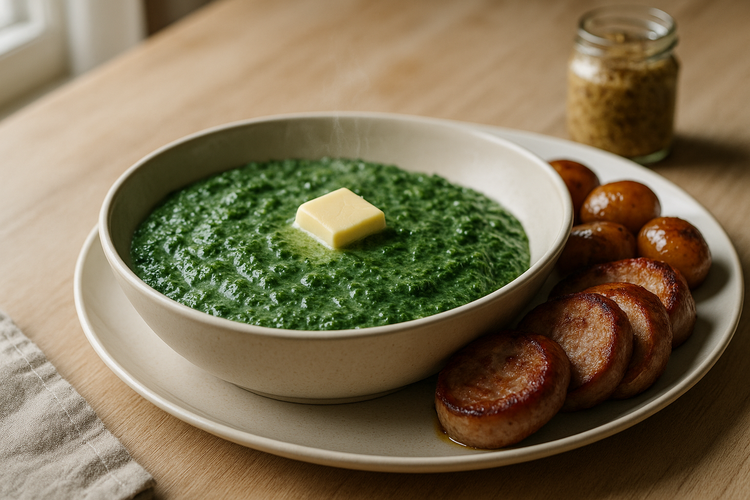 Grønlangkål med brunede kartofler og medister