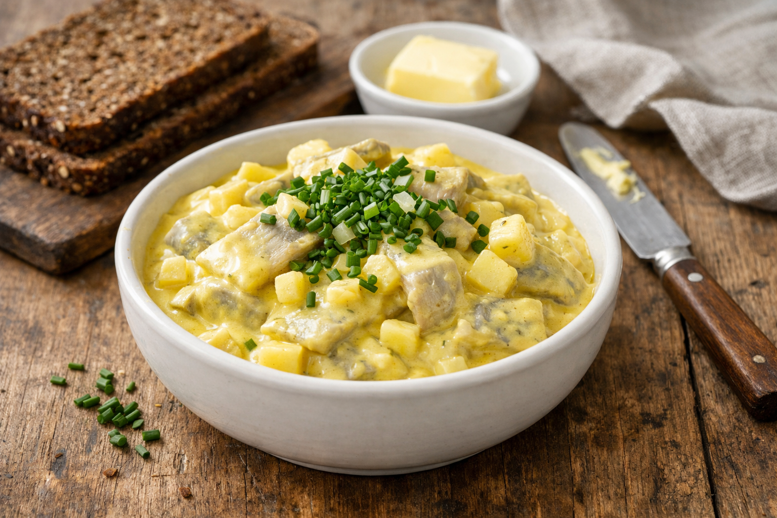 Karrysild med æbler og løg