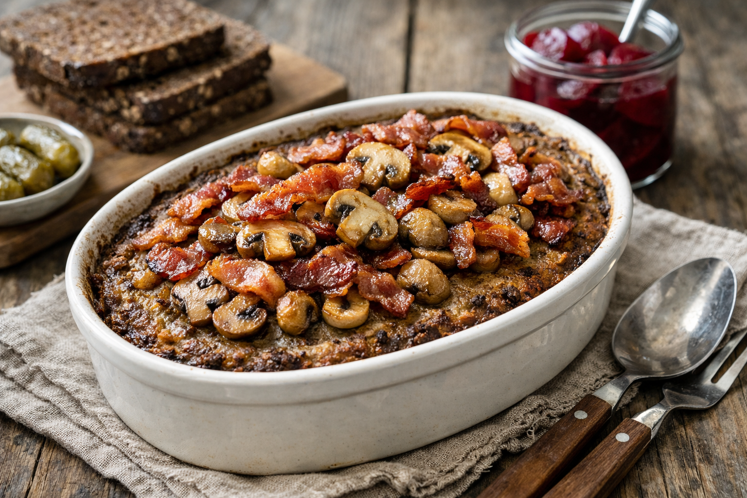 Lun leverpostej med sprød bacon og champignon