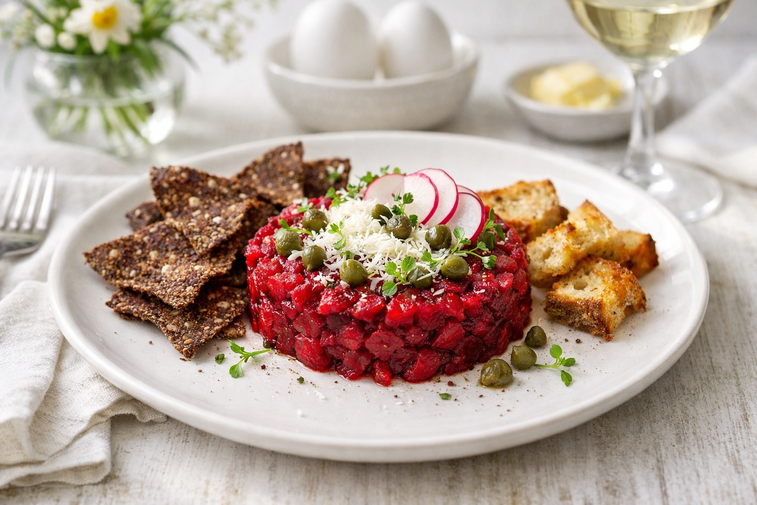 Rødbedetatar med peberrod og kapers