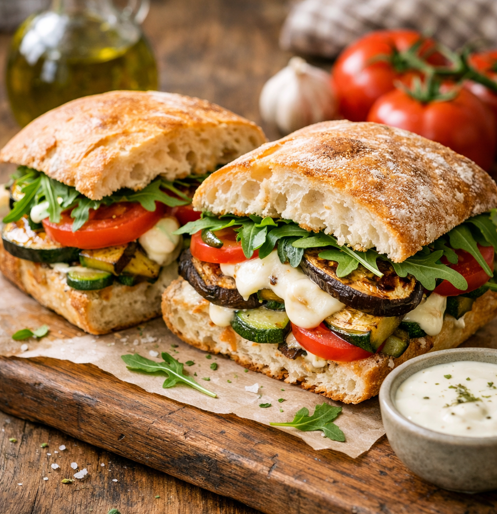 Vegetar sandwich med stegte squash og aubergine