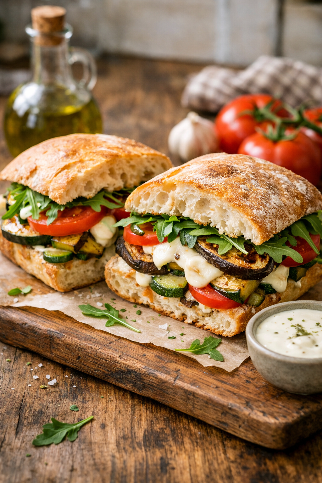 Vegetar sandwich med stegte squash og aubergine