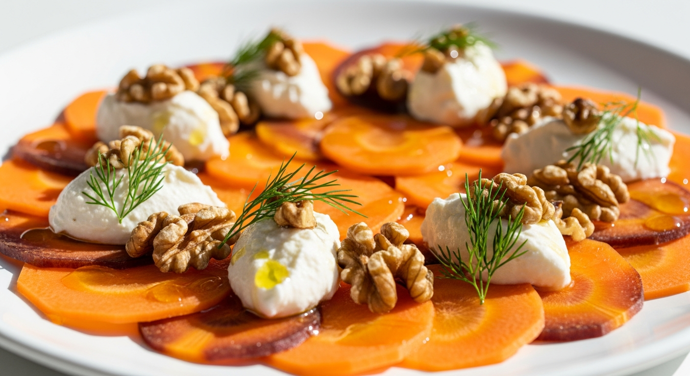 Carpaccio af Rå Gulerødder med Gedeostcreme og Ristede Valnødder