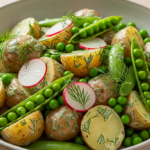 Frisk Sommersalat med Nye Kartofler, Sprøde Ærter, Radiser og Senneps-Dilddressing