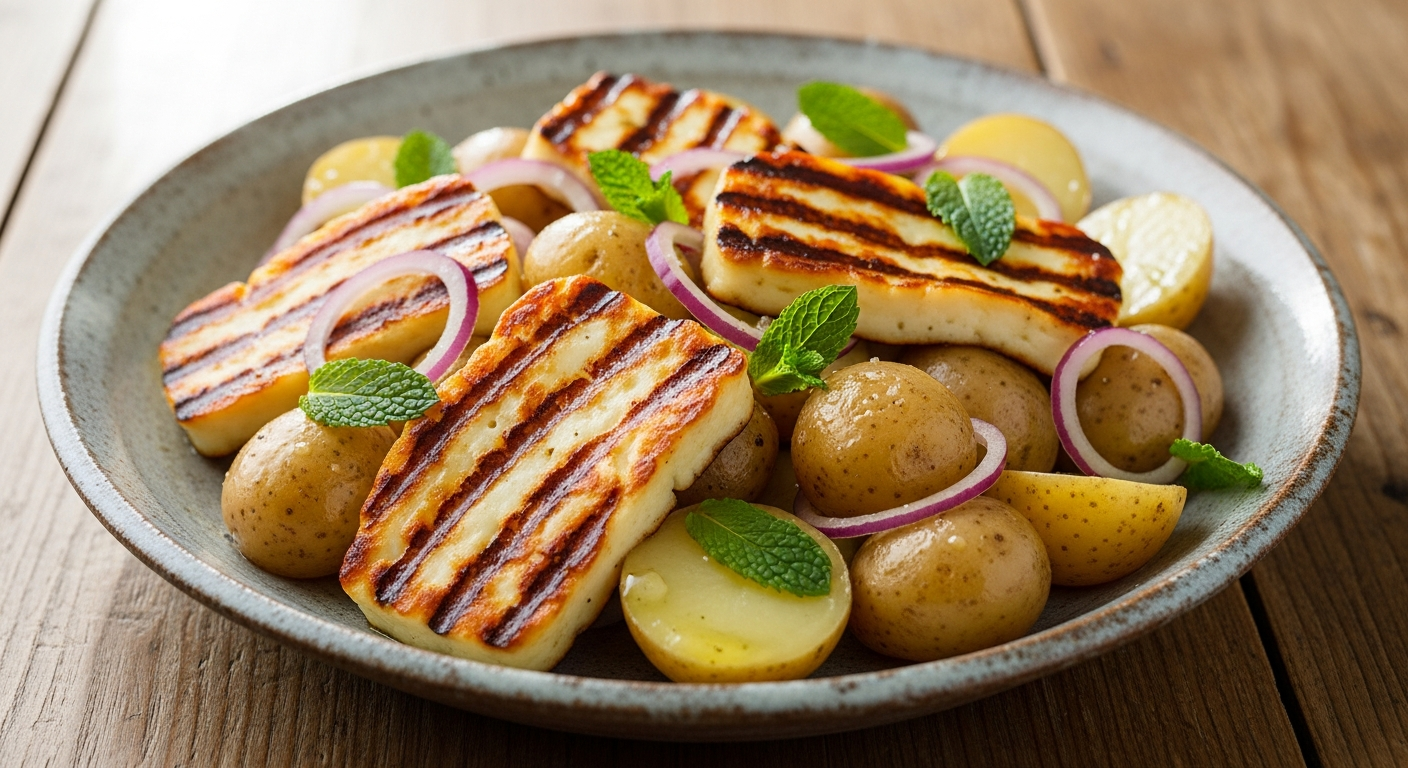 Grillet Halloumi- og Nye Kartoffelsalat med Frisk Mynte og Citrondressing