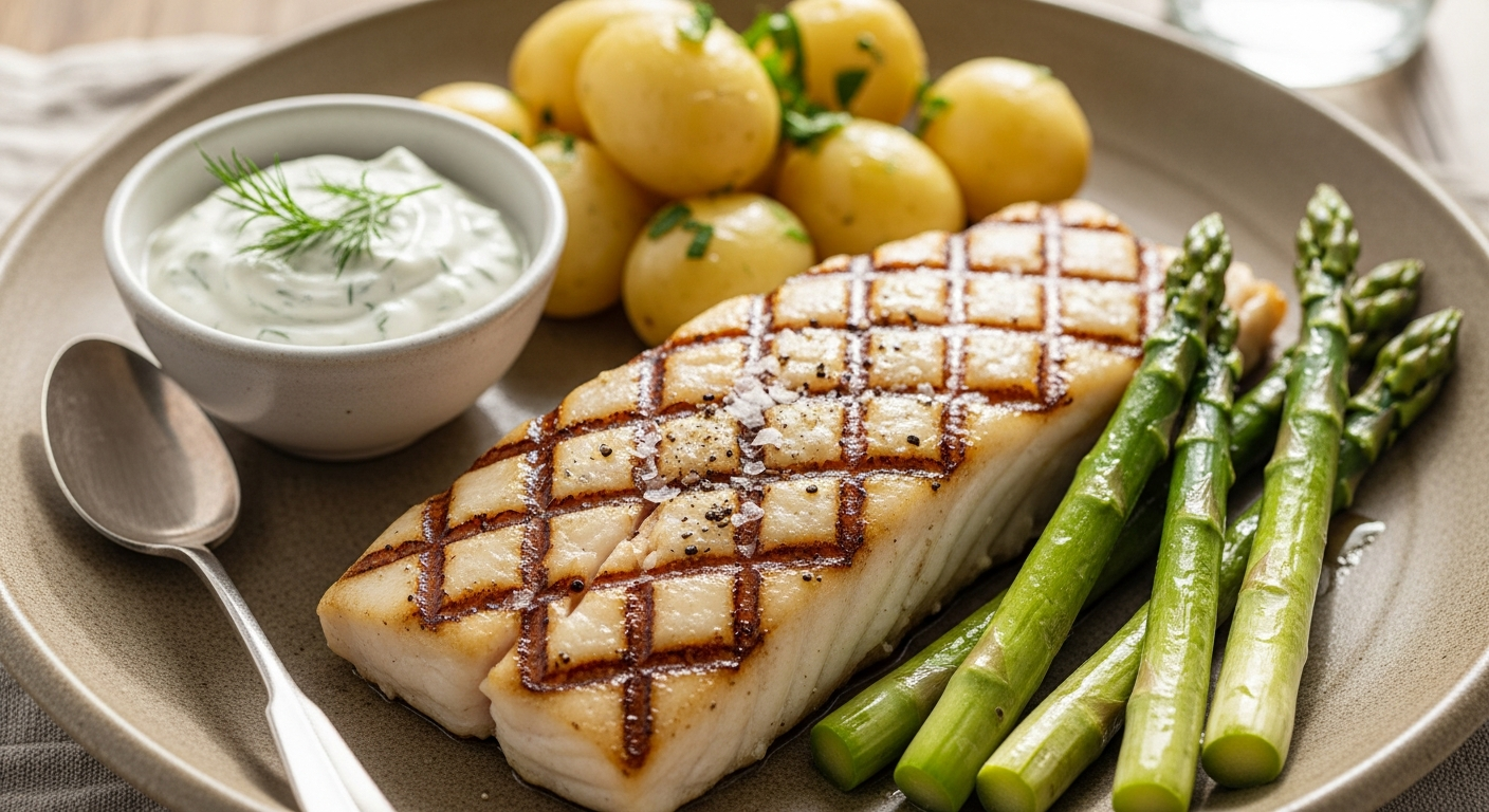Grillet Kulmule med Nye Kartofler, Grønne Asparges og Frisk Dild-Cremefraichedressing