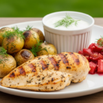 Grillet Kyllingebryst med Nye Kartofler, Cremet Dildsauce og Frisk Rabarberkompot