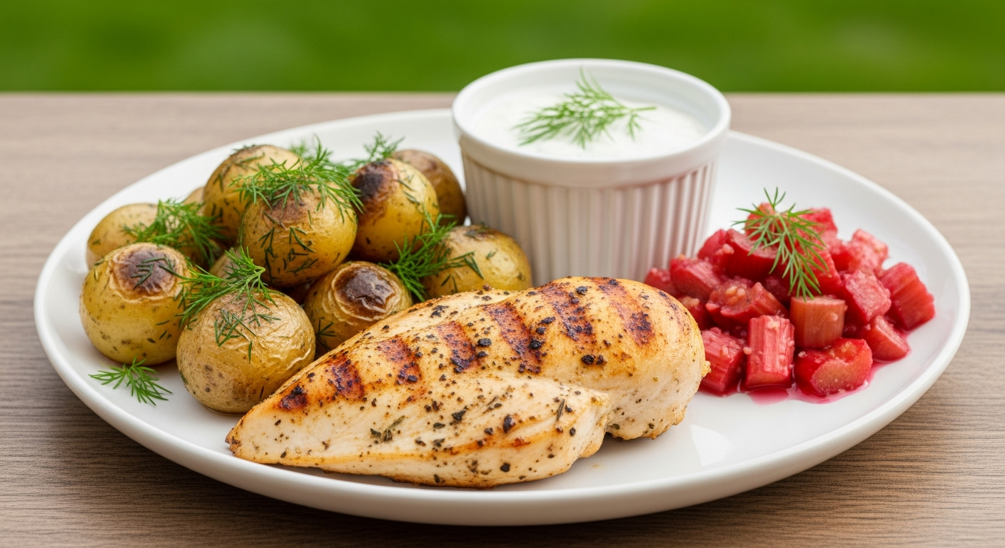 Grillet Kyllingebryst med Nye Kartofler, Cremet Dildsauce og Frisk Rabarberkompot