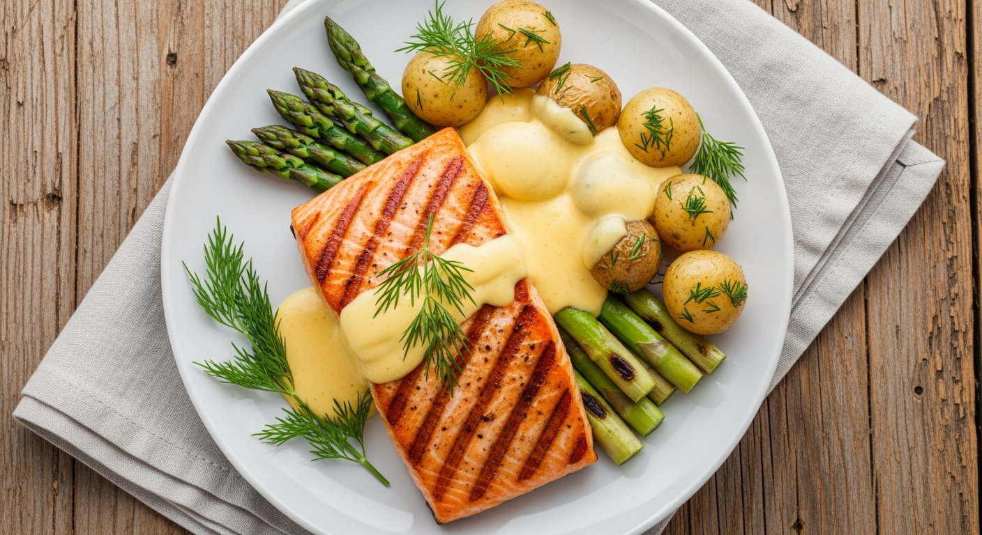 Grillet Laks med Nye Kartofler, Grønne Asparges og Hjemmelavet Hollandaise