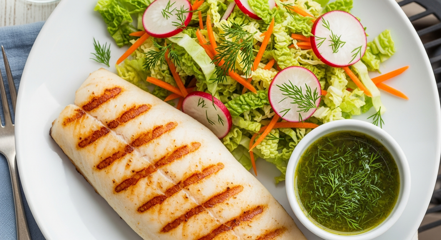 Grillet Lyssej med Sommerkålssalat og Dild-Citronvinaigrette