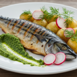 Grillet Makrel med Nye Kartofler, Frisk Dildpesto og Sprøde Radiser
