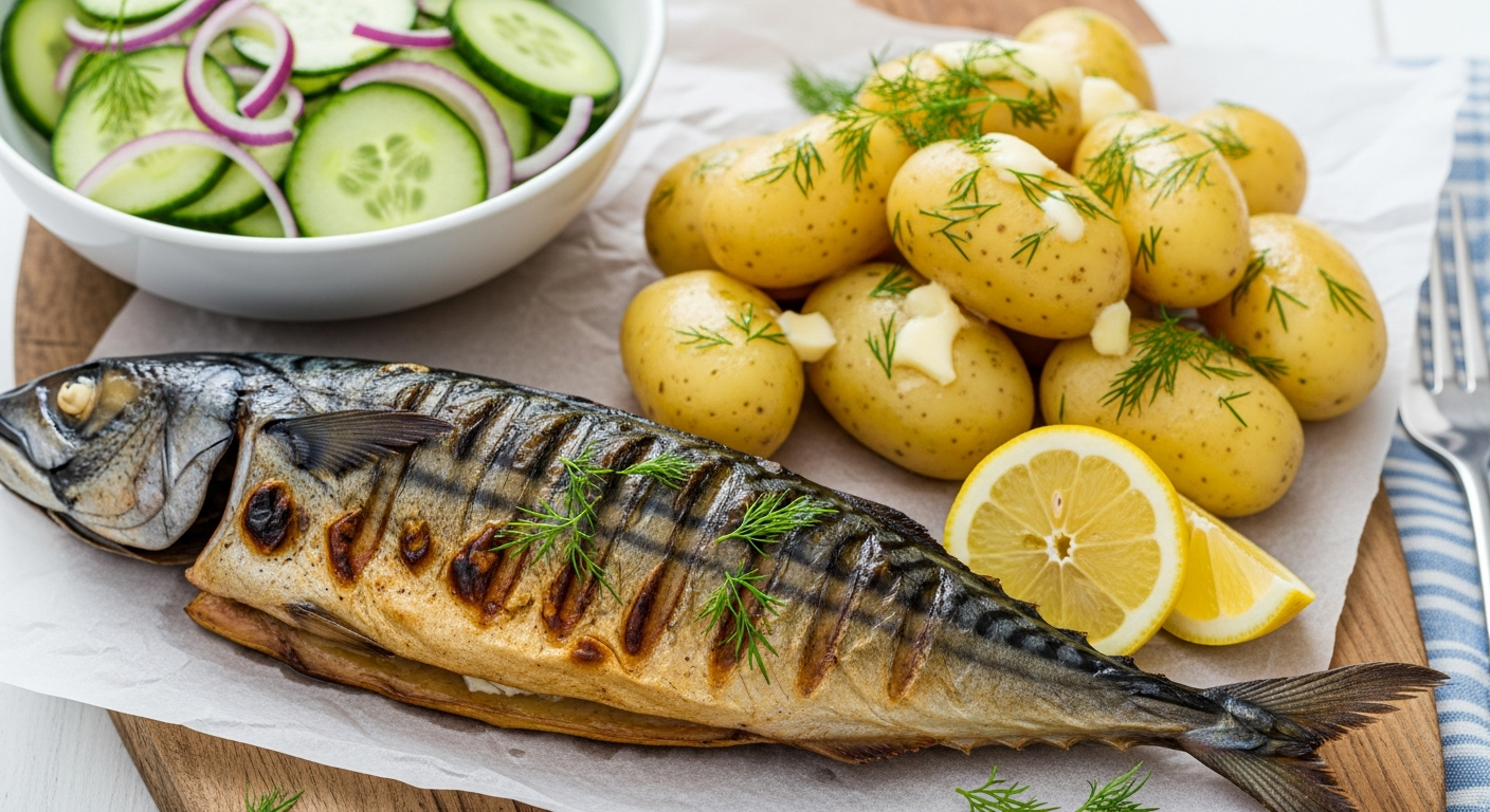 Grillet Makrel med Nye Kartofler og Klassisk Agurkesalat