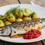 Grillet Makrel med Nye Kartofler og Rabarberkompot