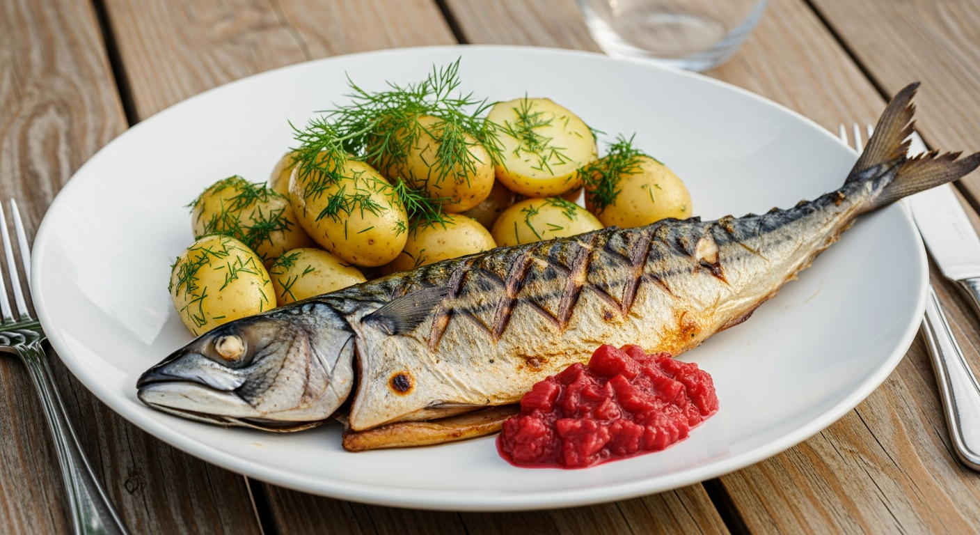 Grillet Makrel med Nye Kartofler og Rabarberkompot