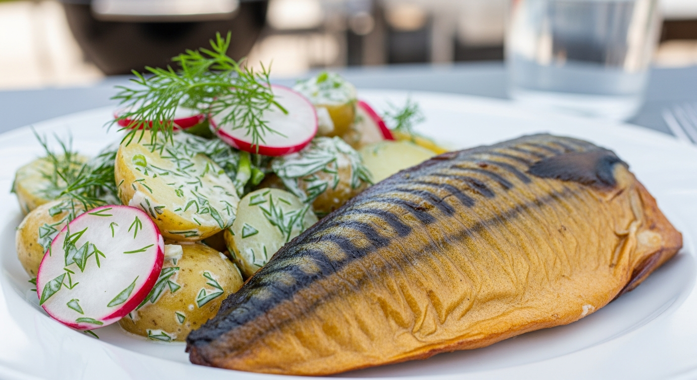 Grillet Røget Makrel med Cremet Nye Kartoffelsalat og Friske Radiser