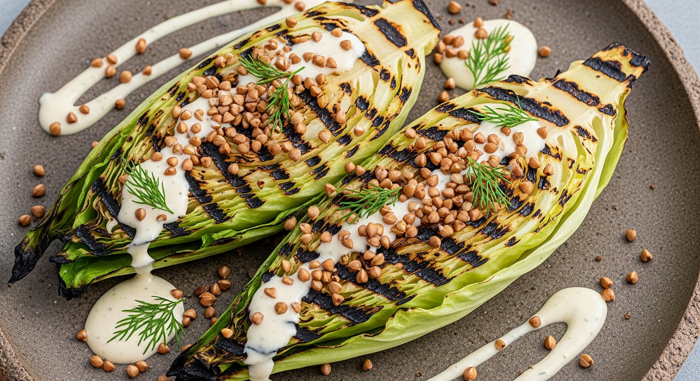 Grillet Spidskål med Cremet Rygeostdressing og Sprøde Boghvedekerner