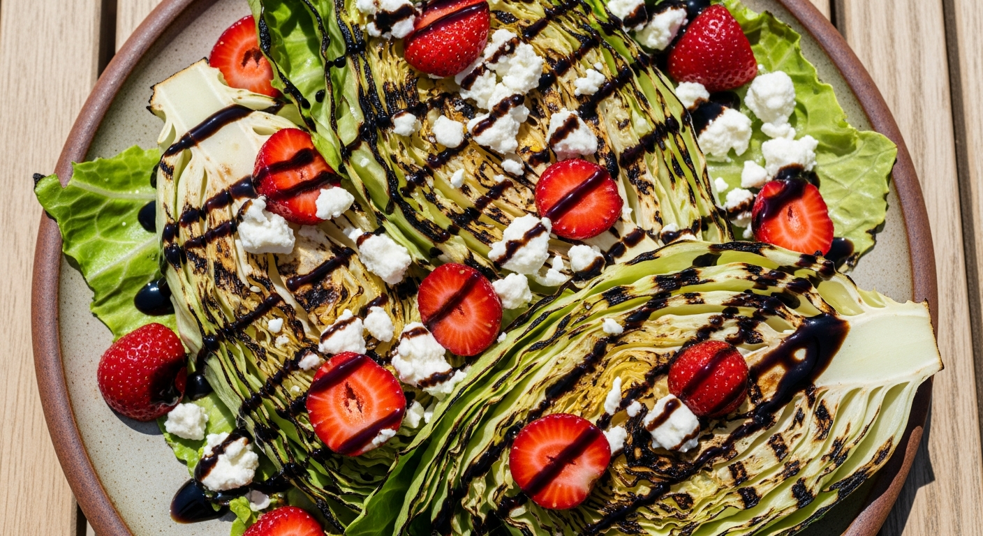 Grillet Spidskålssalat med Friske Danske Jordbær, Feta og Balsamico Glaze