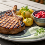 Grillet Svinekotelet med Nye Kartofler, Rabarberkompot og Dildcreme