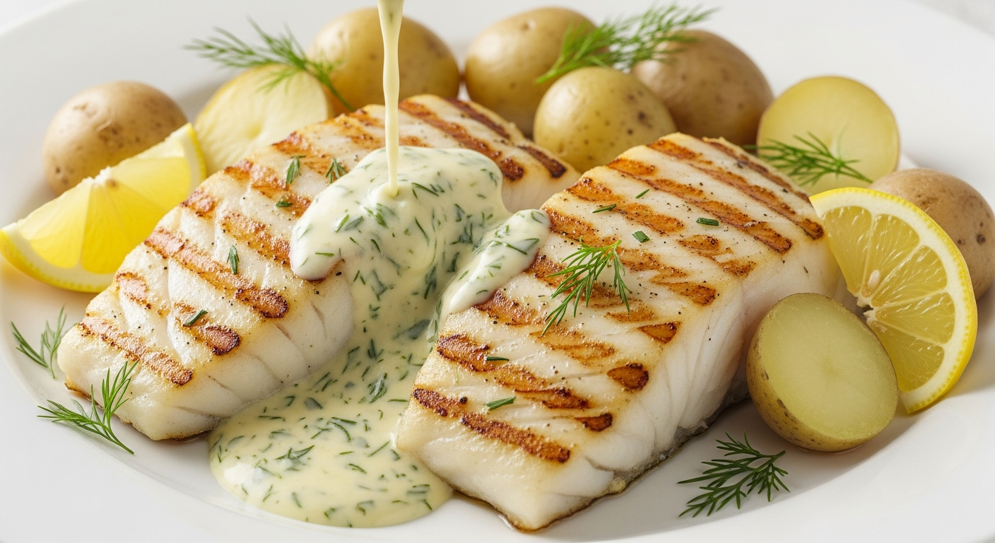 Grillet Torsk med Frisk Dild- og Citronsauce og Nye Sommerkartofler