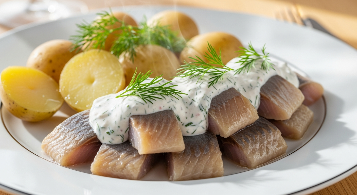 Hjemmelavet Kryddersild med Dild- og Peberrodscrème og Nye Kartofler