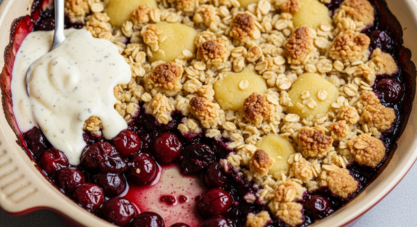 Kirsebær-crumble med marcipan og vaniljecreme