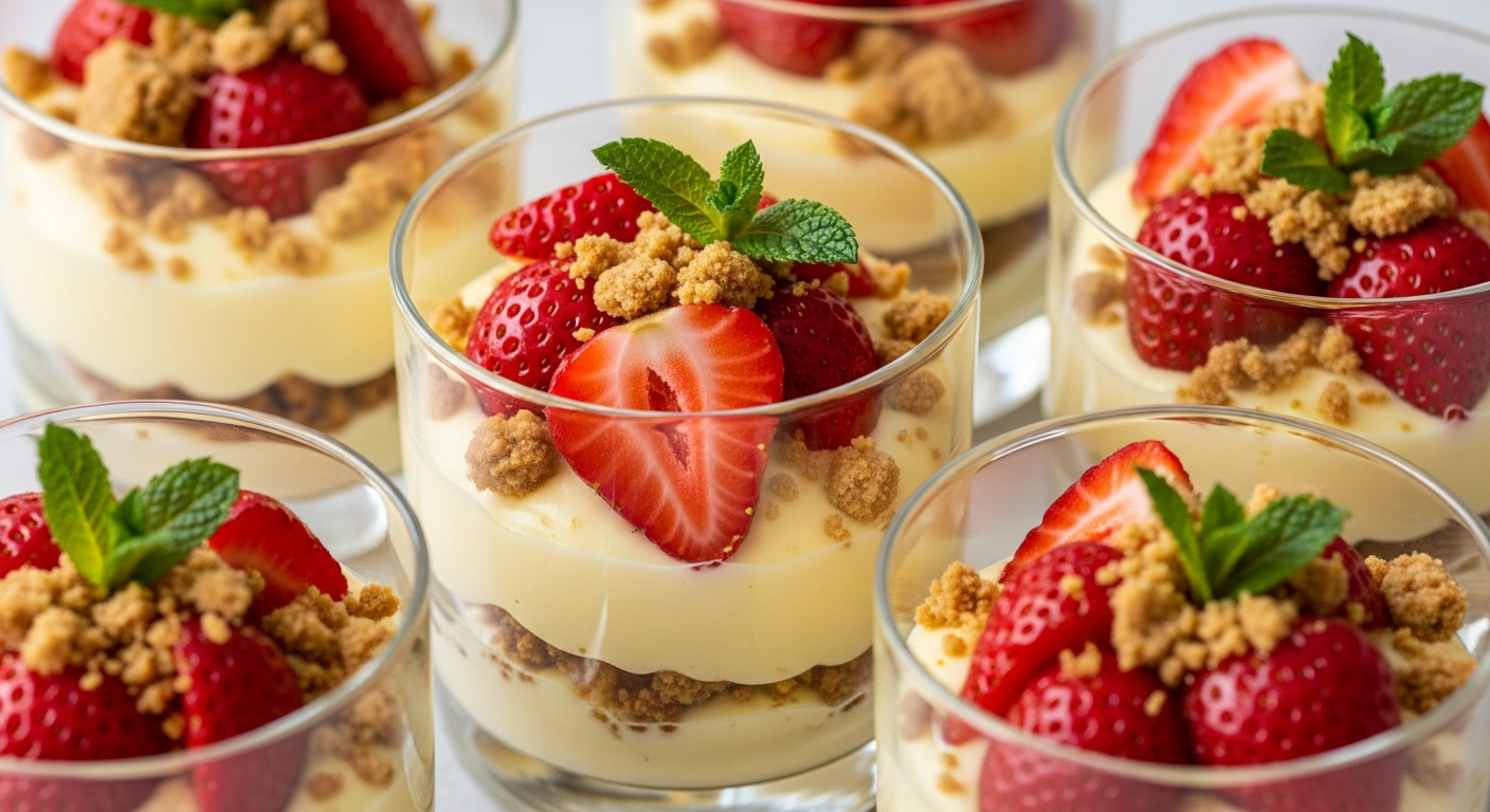 Lemon Posset med Friske Danske Jordbær og Knasende Myntecrumble