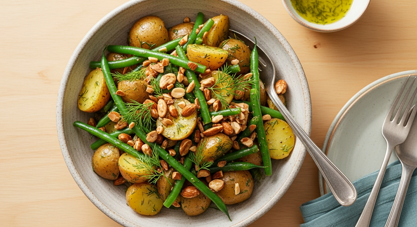 Lun Kartoffelsalat med Grønne Bønner, Sprøde Mandler og Dildvinaigrette