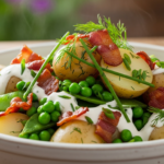 Lun Nye Kartoffel- og Ærtesalat med Sprød Bacon og Rygeostdressing