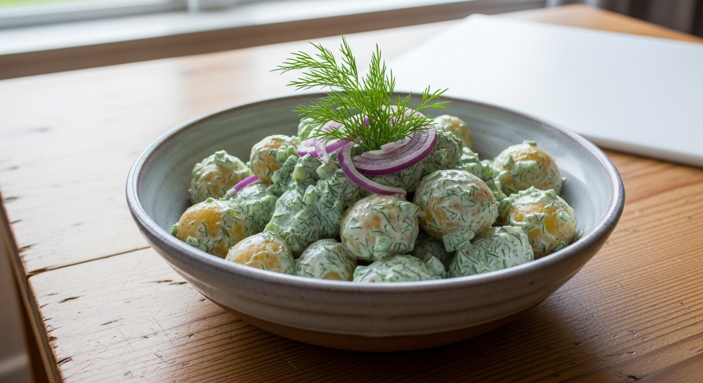 Nye kartofler i cremet dild-dressing