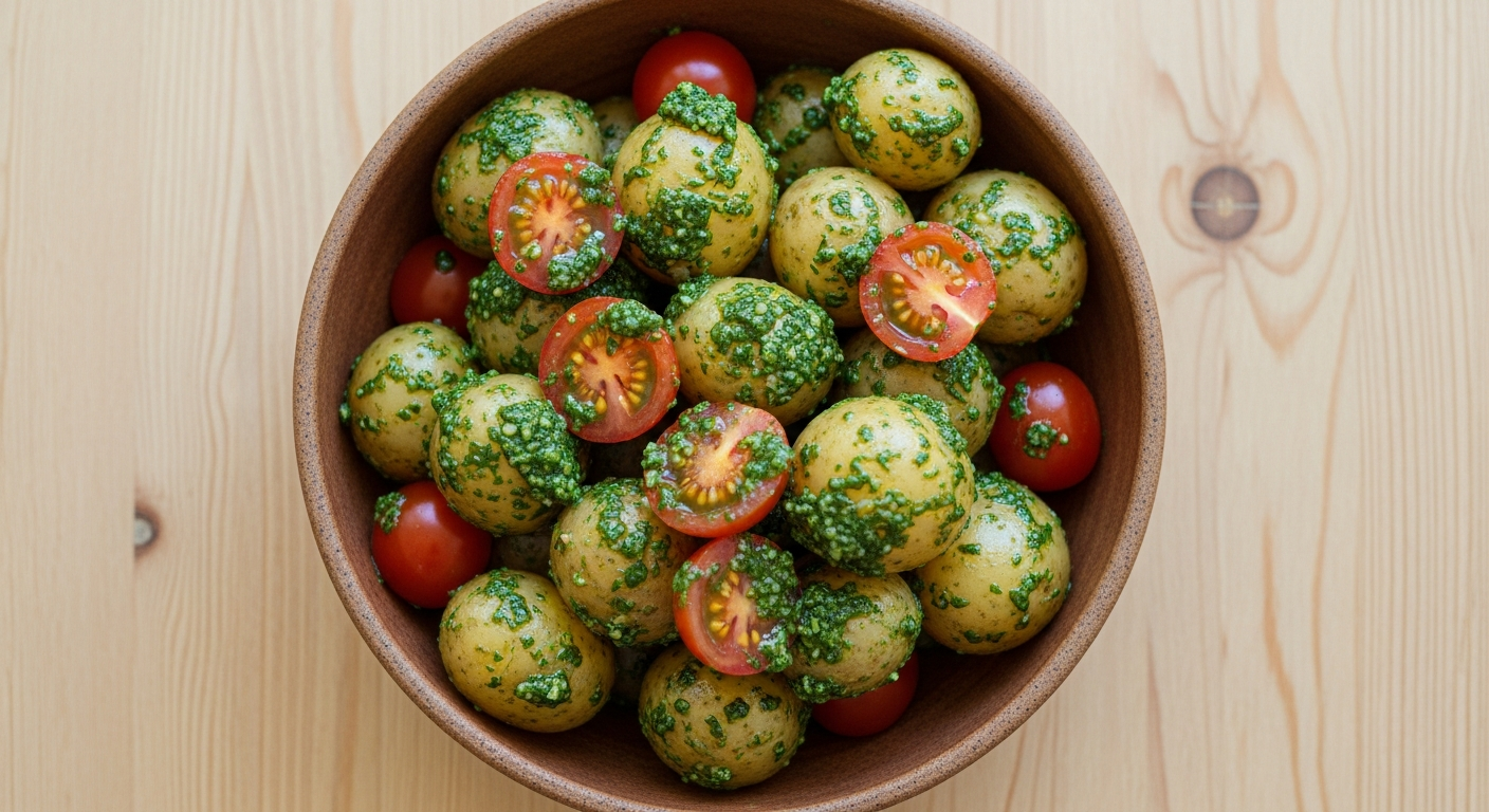 Nye Kartofler med Hjemmelavet Urtepesto og Cherrytomater