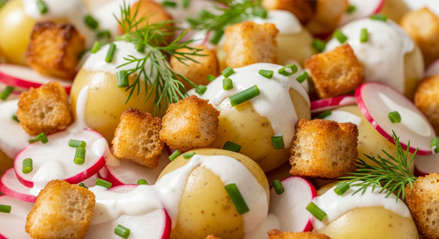 Nye Kartofler og Radisesalat med Let Rygeostdressing og Sprøde Rugbrødscroutoner