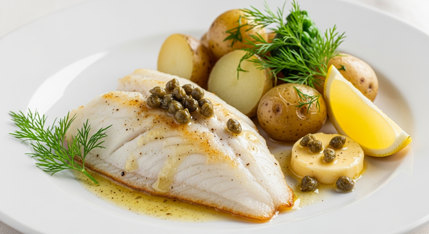 Pandestegt Ising med nye kartofler, brunet smør, kapers og friske sukkerærter