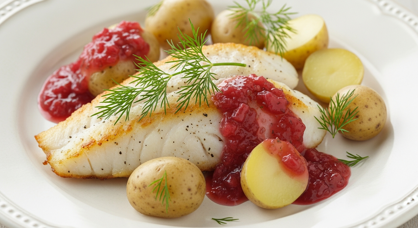 Pandestegt Rødspættefilet med Nye Kartofler og Rabarber-Dildvinaigrette