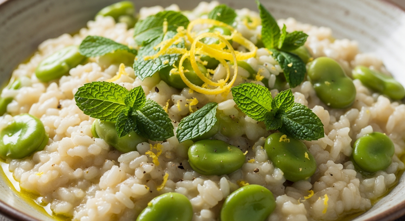 Risotto med friske hestebønner, citron og mynte