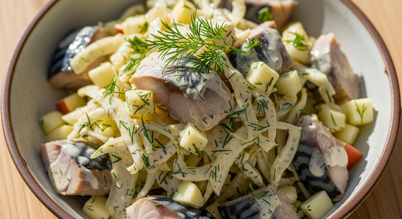 Røget Makrelsalat med Sprød Fennikel, Frisk Æble og Dild-Citron Dressing