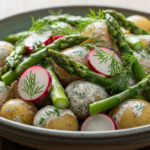 Sankt Hans Kartoffelsalat med Nye Kartofler, Grønne Asparges, Radiser og Rygeostdressing