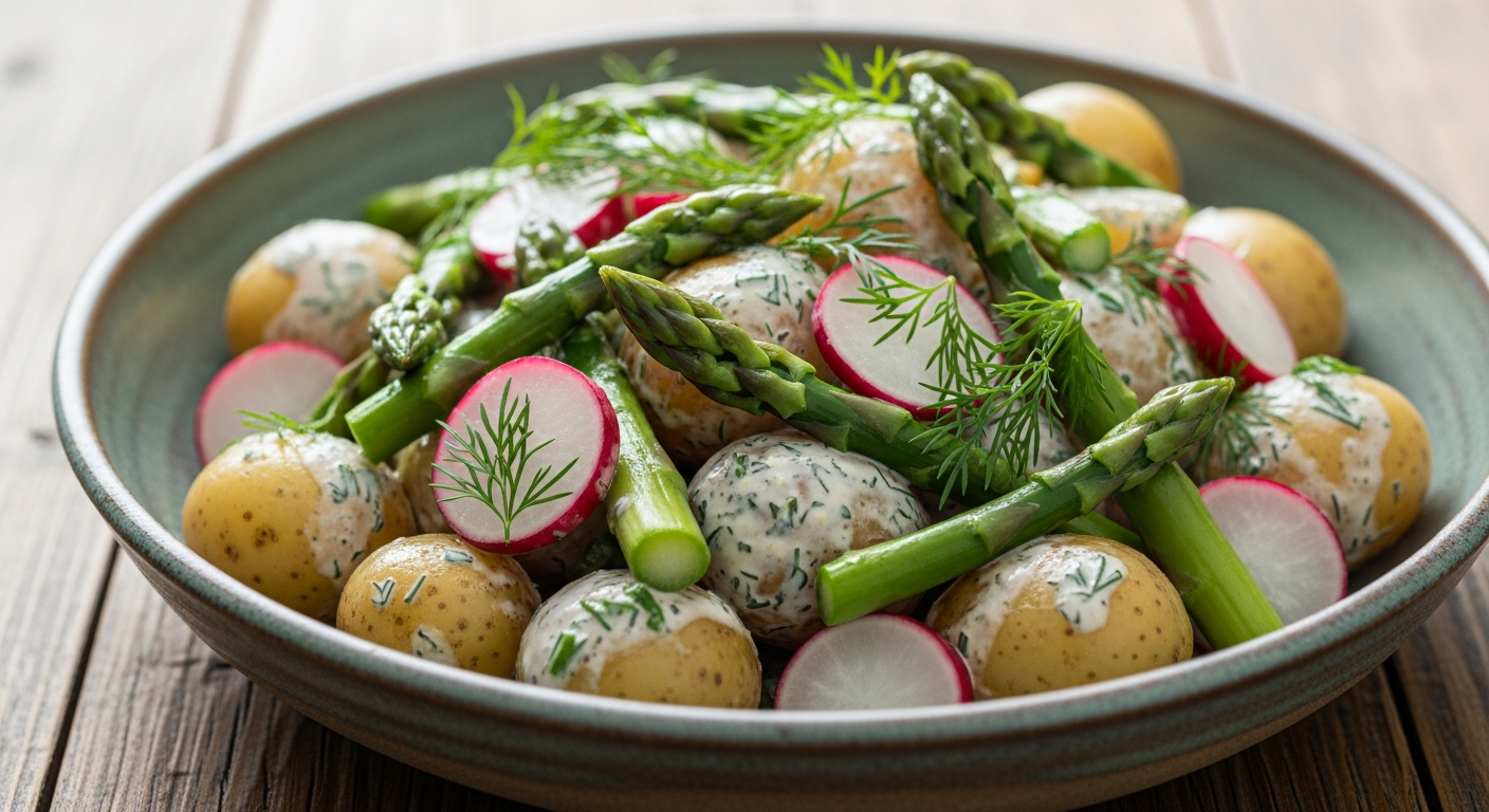 Sankt Hans Kartoffelsalat med Nye Kartofler, Grønne Asparges, Radiser og Rygeostdressing