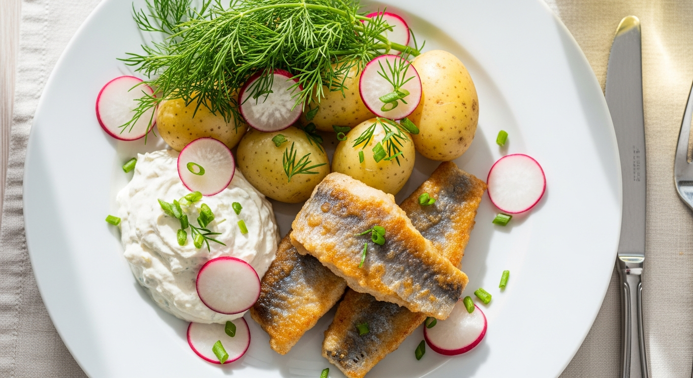 Stegt Nystrøget Sild med Nye Kartofler og Rygeostcreme